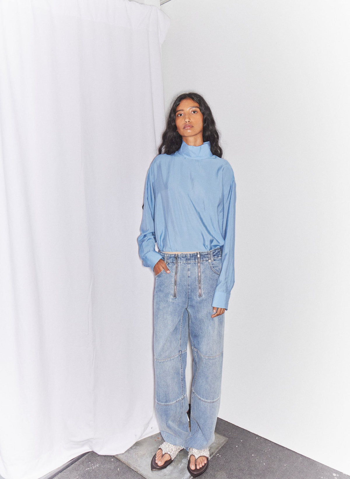 Tibi Ultra Light Silk Tencel Funnel Neck Shirt