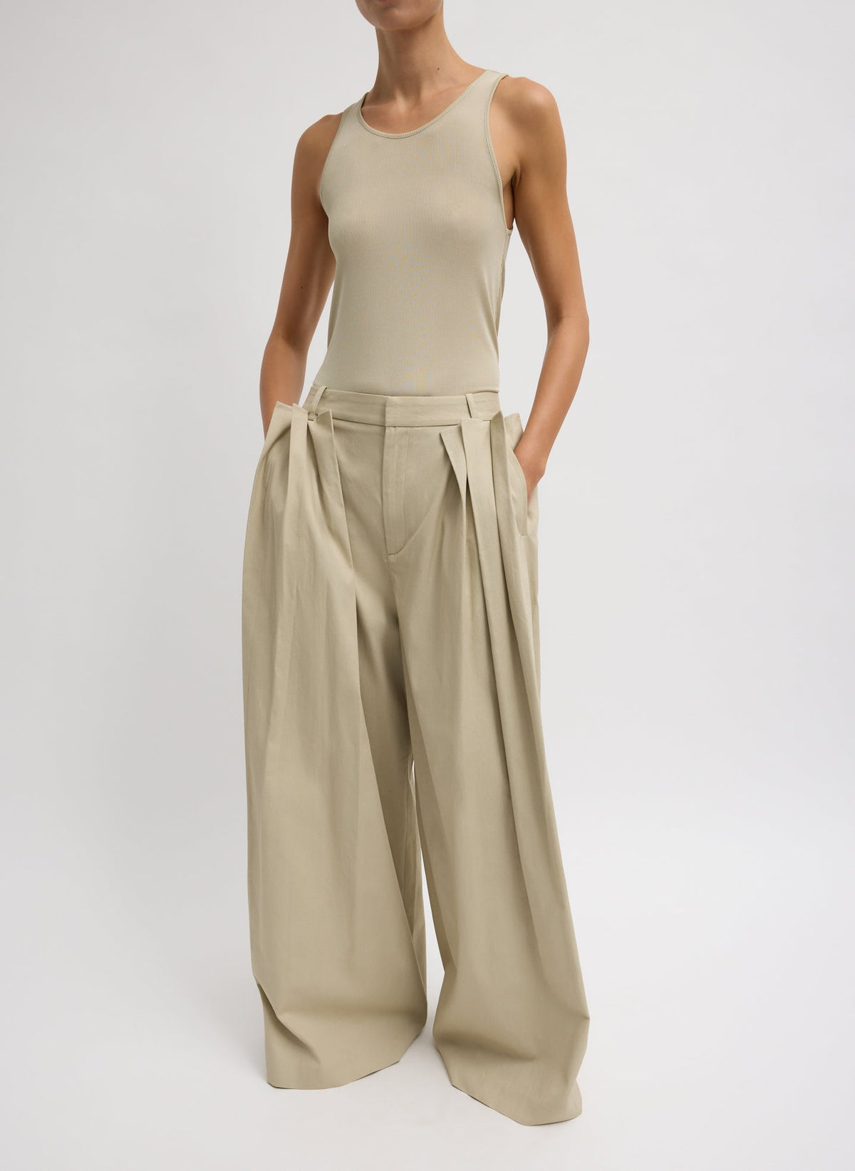 Tibi Luxe Spring Twill Tucked Pleated Wide Leg Trouser