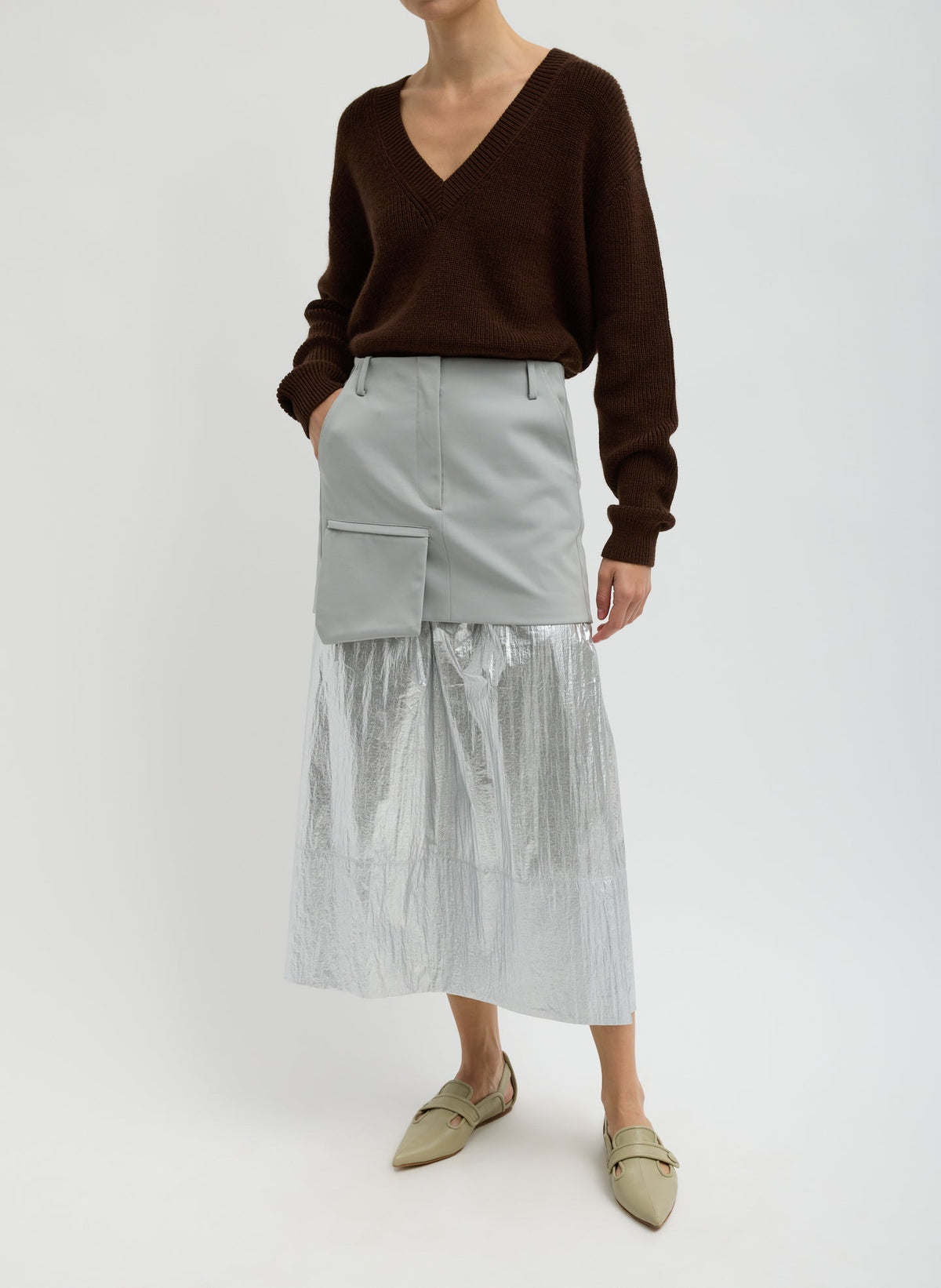 Tibi Silver Metallic Nylon Pull On Full Skirt