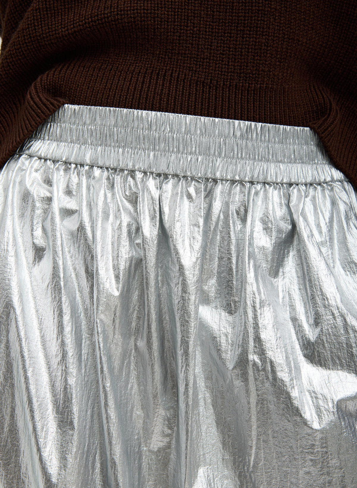 Tibi Silver Metallic Nylon Pull On Full Skirt